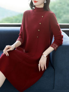 Winter Knitted Dress Wool Base Layer Sweater for Mom Mid-aged And Elderly Women Fashionable Embroidered Loose Fit Long Dress