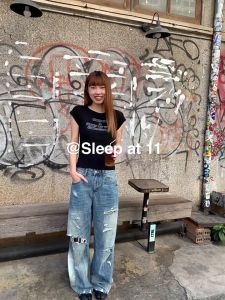 GHAOHES กางเกงยีนส์ฉีกขาดย้อนยุคอเมริกันผู้หญิงใหม่ฤดูร้อนบางดีไซน์กางเกงขากว้างขาตรง(V88)