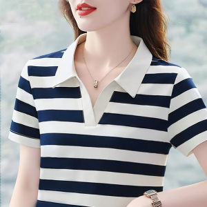 QIAOXIZI | Áo Polo Sọc Bông cho Phụ Nữ Trung Niên Size Lớn