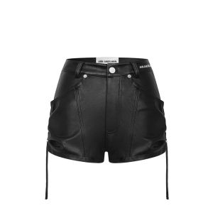 ANN ANDELMAN | Black Matte Side Gathered PU Leather Shorts Pants