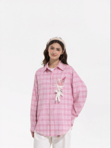3D Bear Design Lady Plaid Long Sleeve Shirt
