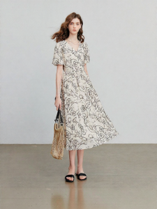 Toyouth | Đầm cổ V tay phồng in họa tiết vintage mới mùa hè