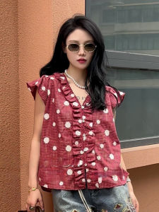 Áo Sơ Mi Nữ Cổ Chữ V Tay Lỡ Mùa Hè 2025 Phong Cách Mới Tay Lỡ Họa Tiết Chấm Bi Thời Trang Giảm Tuổi