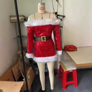 Ryn studio Christmas Costume Red Christmas High Waist Fluffy Christmas Costume Christmas Performance Costume Nightclub Christmas Game Costume