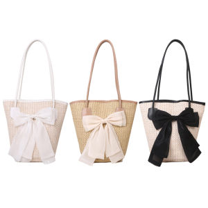 Women Crochet Beach Handbag with Bow for Travel and Casual Events in Bright Coral Color