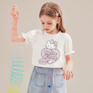 HelloKitty Girls Summer Sweet Bubble Sleeve T-Shirt Cartoon Mid-Size Childrens Top Breathable Lightweight Cotton Polyester Blend