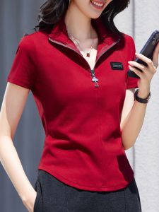 Slim Fit Short Sleeve T-Shirt Womens Summer New Style Commute Korean Version Half Zipper Turn-down Collar Red Half Sleeve Top