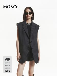 MO&Co. | Fine Wool Woven Tailored Wide Shoulder Padded Vest Black and Gray Stripes
