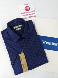 [Việt Tiến Sale] Sơ Mi Ngắn Tay - Regular Fit - Vạt Vuông - Họa tiết hình khối trên nền xanh navy  - size S (lẻ size)