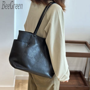 BeeGreen Women Genuine Leather Tote Bag Large Capacity Commuter Shoulder Bag Plain Elegant Underarm Bag