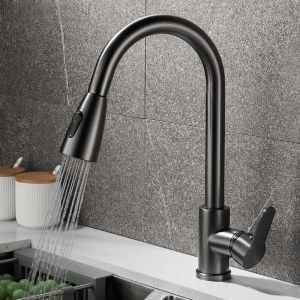 Matte Black Kitchen Faucet Single Hole Pull Out Spout 360 Degree Rotating Mixer Stream Sprayer Head Hot And Cold Mixer Tap