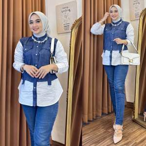 Kemeja Salur denim Zarah terlaris premium katun nyaman panjang tangan Busui wanita pendek santai biru kain