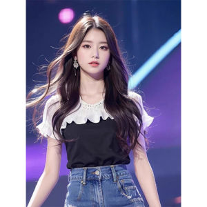 Áo Sơ Mi Nữ Tay Ngắn Màu Đen Trắng Thời Trang Mùa Hè 2024 Phong Cách Pháp Thanh Lịch Ôm Vừa Vặn Chất Liệu Polyester