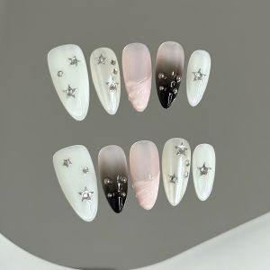 10pcs Almond Fake Nails Star Glitter False Nails Handmade Rhinestone Artificial Nails For Women Party Wedding Salon Decoration