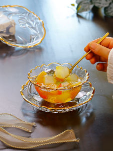 Delicate Glass Bowl Plate Creative Floral Design Dessert Bowl Snack Dish Fruit Salad Bowl Small Fruit Plate Handmade Gold