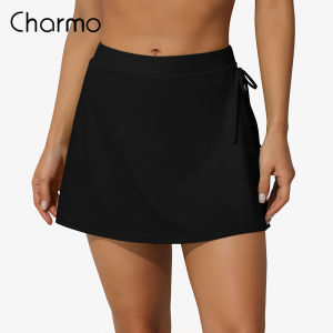 Charmo Women High Waist Side Drawstring Swim Skirt with One Pocket Solid Color Tankini Bikini Bottom Beach Wear