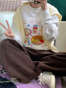 2024 ฤดูใบไม้ร่วง ฤดูหนาว ผู้หญิง แขนยาว ผ้าฝ้าย เสื้อยืด Nutritious Breakfast หลวม เสื้อชั้นฐาน สไตล์อเมริกัน ชุดชั้นใน