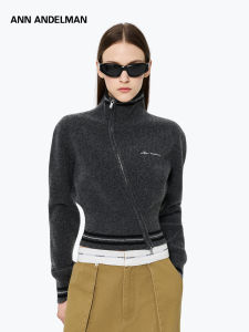 ANN ANDELMAN | Slanted Placket Zipper Knit Sweater Turtleneck Fitted Short Style