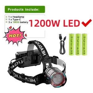 990000000LM 1200W Đèn Pha LED Công Suất Cao Siêu Sáng Có Thể Thu Phóng Cảm Biến Thông Minh Có Thể Sạc Lại Để Săn Bắn Ngoài Trời Cắm Trại Câu Cá