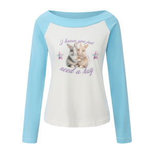 Sweet and Cool Rabbit Print Off-Shoulder T-shirt