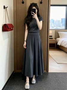 LIRUSHAN | French Elegant Grey Short Sleeve Dress Slimming