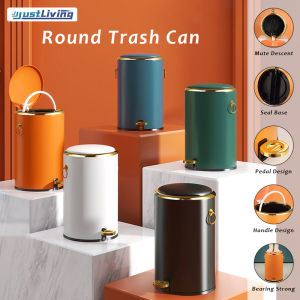 JustLiving 1pcs 8/12L Kitchen Household Commercial Office Pedal Type Silent Slow Descending Cylindrical Double-layer Large Capacity Stainless Steel Trash Can Foot Trash Can with Lid