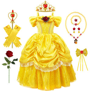 Girls Belle Cosplay Princess Dress Children Birthday Festival Party Lace Yellow Ball Gown Kids Carnival Halloween Slip Frocks