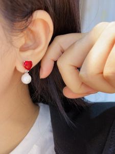 Hoa Tai Ngọc Trai Nhỏ Phong Cách Hàn Quốc 925 Bạc Nguyên Chất Kim Cương Đỏ Trái Tim Nữ Thanh Lịch Bền Bỉ Trang Sức Thời Trang