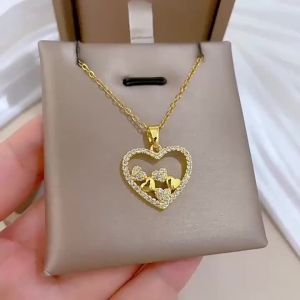 Thép Titan Vòng Cổ Trái Tim Rỗng Cho Nữ Sang Trọng Xương Đòn Dây Chuyền Thời Trang Phụ Kiện Trang Sức Thanh Lịch Kim Cương Giả Pendent