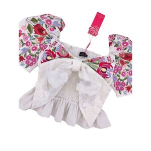 P010-361 PIMNADACLOSET - Square Neck Short Puffed Sleeveless Smocked Back And Waist Embroidery Crop Top