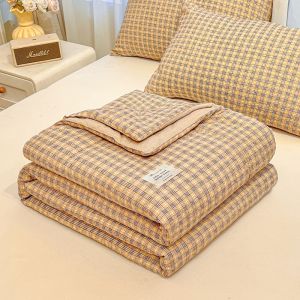 Dansunreve 1pc Thin Summer Quilt Only Washed Cotton Soft Small Plaid Comforter INS Minimalist Green/Pink/Blue Simple Japanese Style Queen King Single Duvet Antibacterial Duvet