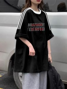 SHUQINGLAI | Retro Style Three-Stripe Raglan Sleeve Pure Cotton Short Sleeve T-Shirt Loose Fit