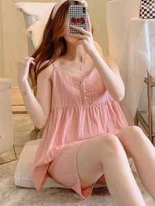 ชุดนอนผู้หญิงคอวีแขนกุดผ้าฝ้ายโปร่งใสเซ็กซี่ฤดูร้อน ชุดกระโปรงสั้นเอวสูงลายดอกไม้ ชุดนอนสองชิ้นสุดน่ารักและหวาน