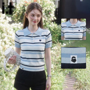 FINGERCROXX | Blue Stripe Icy Knit Short Sleeve Polo Shirt
