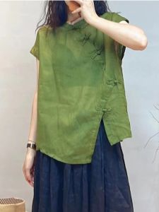 Pure Color Ramie Twill Chinese Knot Button Shirt Womens Summer Lightweight Breathable Chinese Asymmetrical Hemp Small Blouse Short Sleeve Tops