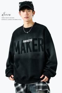 Warm Fleece Lined Hoodie Mens American Washed Hip Hop Trendy Letter Loose Handsome Long Sleeve Top for Autumn Youth Casual Wear