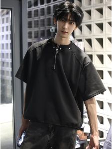 Semi-Zipper Henry Collar Short Sleeve Mens T-Shirt Spring Summer Trendy Brand Rivet Design CleanFit Sleeveless Body Shirt