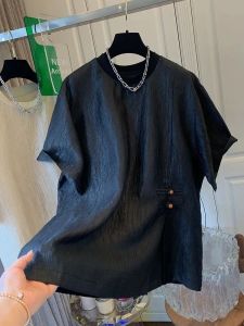 Textured Short Sleeve T-Shirt Womens Loose Fit Summer Shirt with Slits Comfortable Casual round Neck Top in China Origin