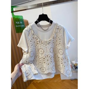 AIYITI | Plus Size Bohemian Style Hollow Out Knitted Vest Loose Belly Covering Short Sleeve Womens Top Summer Thin Polyester Fiber