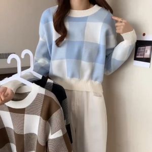 Sweter Kotak-kotak Retro Rajutan Baru Gaya Korea Atasan Longgar Kasual Modis Lengan Panjang Wanita