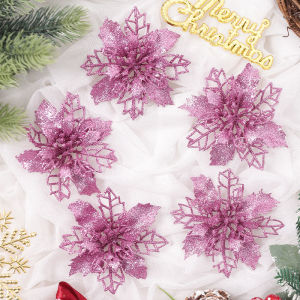 5Pcs Pink Sparkle Artificial Flowers Christmas Decoration Christmas Tree Decor Garland Ornaments For Home Wedding Navidad Decor