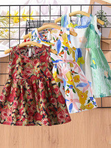 ชุดเดรสผ้าไหมคอตตอนลายดอกไม้สำหรับเด็กผู้หญิงในฤดูร้อน เสื้อผ้าเด็กผู้หญิงสไตล์เกาหลี กระโปรงสั้น แขนกุด ระบายอากาศได้ดี ระบายความชื้น