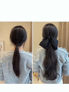 JULYHOT วิกผมสังเคราะห์หางม้าคลิปผมลอนยาวอารมณ์ขี้เกียจโบว์หวานวิกผมถักเปียต่ำ