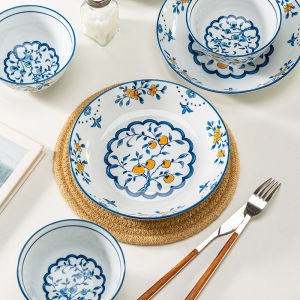 ชุดจานและจานเซรามิกสไตล์ชนบท ชุดจานครัวบ้านใหม่ปี 2024 จานอาหารลึก สัมผัสหรูหรา ความจุขนาดกลาง อุปกรณ์บริการ