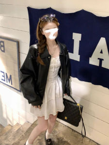 Áo Khoác Da Đen Cổ Điển Mỹ Cỡ Lớn Cho Nữ Bộ Váy Mùa Thu Pure Desire White Strap Dress Áo Khoác Ngoài Thường Ngày Dài Tay