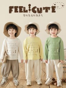 Spring New Style Lightweight Breathable Long Sleeve round Neck Japanese Style T-Shirt for Boys Printed Casual Cotton Blend Shirt