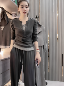 Minority Fashion Design Color Matching Sports Suit Female K-style Loose Slim Looking False Two-Piece Sweaters Casual Wide-Leg Trousers