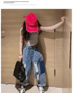 NEW สินค้ามาใหม่ กางเกงยีนส์เด็กทรงบอย ตรงยีนส์สีอ่อน มีรอยขาด2ข้างเพิ่มเท่ห์เอวสม็อคใส่ง่าย เพิ่มลูกเล่นด้วยกระดุมเหล็กข้างเอว