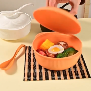 Wheat Straw Soup Bowl Set Casserole Bowl Soup Pot Double Ear BowlPortable Large Soup Bowls With Lid and Long Soup Spoon