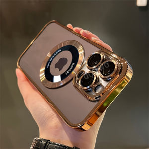 Luxury Plating Hollow For Magesafe Magnetic Wireless Charge Case For iPhone 11 12 13 14 15 16 Pro Max Plus Clear Lens Film Cover